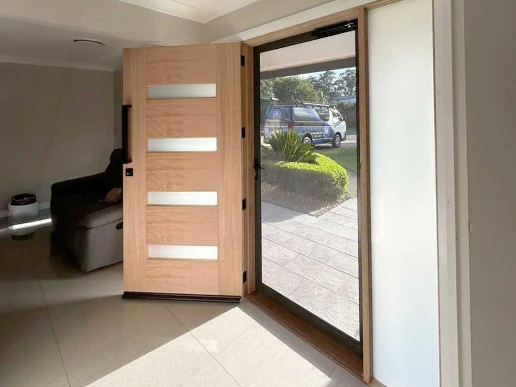 ScreenGuard security screen door on timber entrance door with sidelights installed by Olsen Security