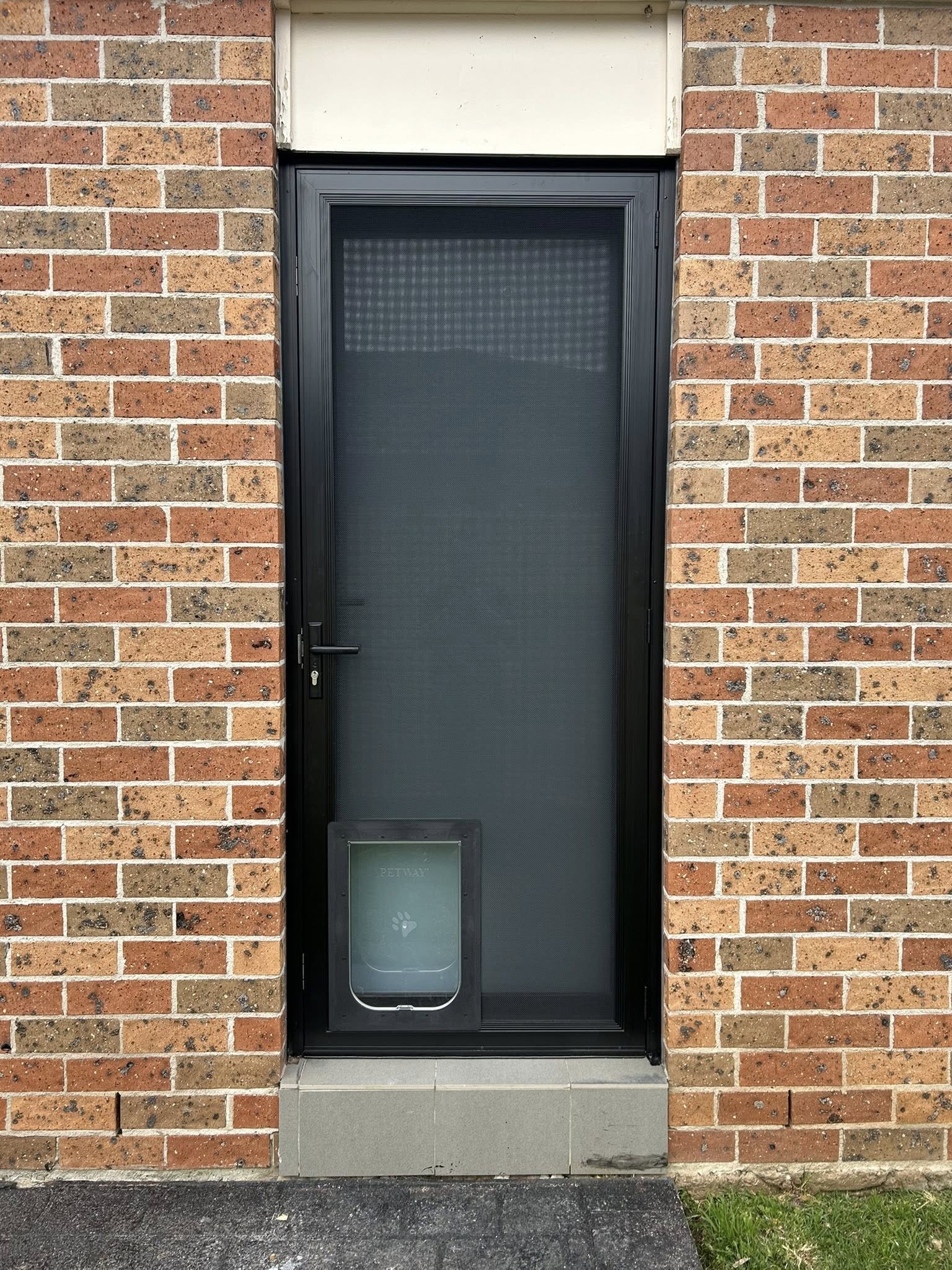 Side door with heavy-duty flyscreen door and pet door installed by Olsen Security
